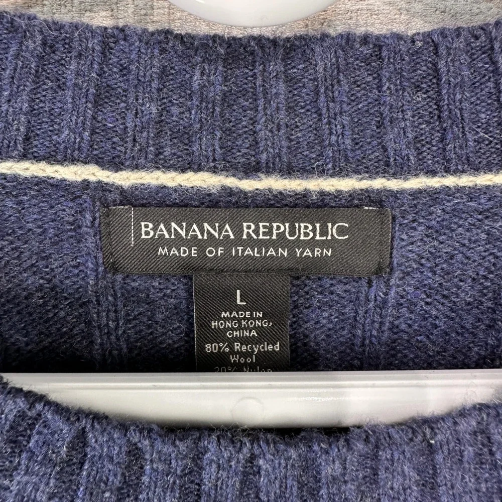 Banana Republic Mens Italian Yarn Wool Blend Ribbed Crew Neck Sweater Navy L